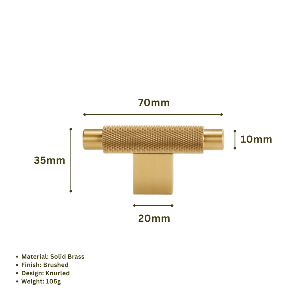 CURZON - Large Solid Brass Knurled T-Bar Handle - Brushed Brass