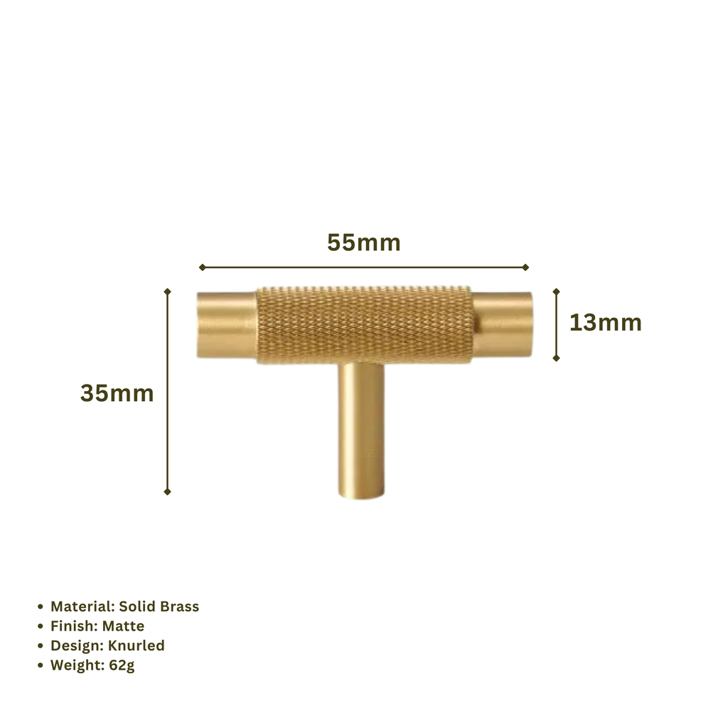 MONTAGUE - Solid Brass Knurled T-Bar Handle - Matte Brass