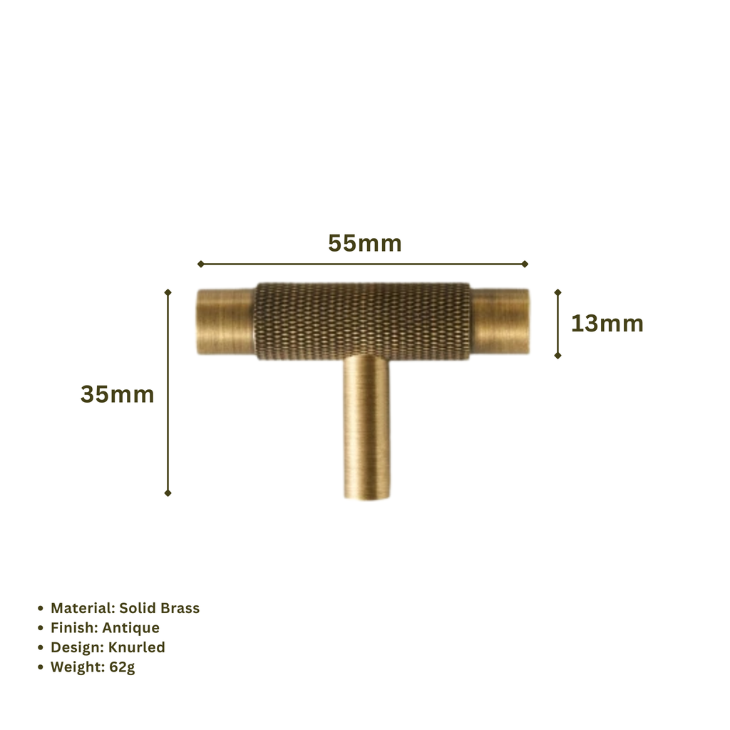 GIFFORD - Solid Brass Knurled T-Bar Handle - Antique Brass