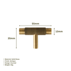 GIFFORD - Solid Brass Knurled T-Bar Handle - Antique Brass