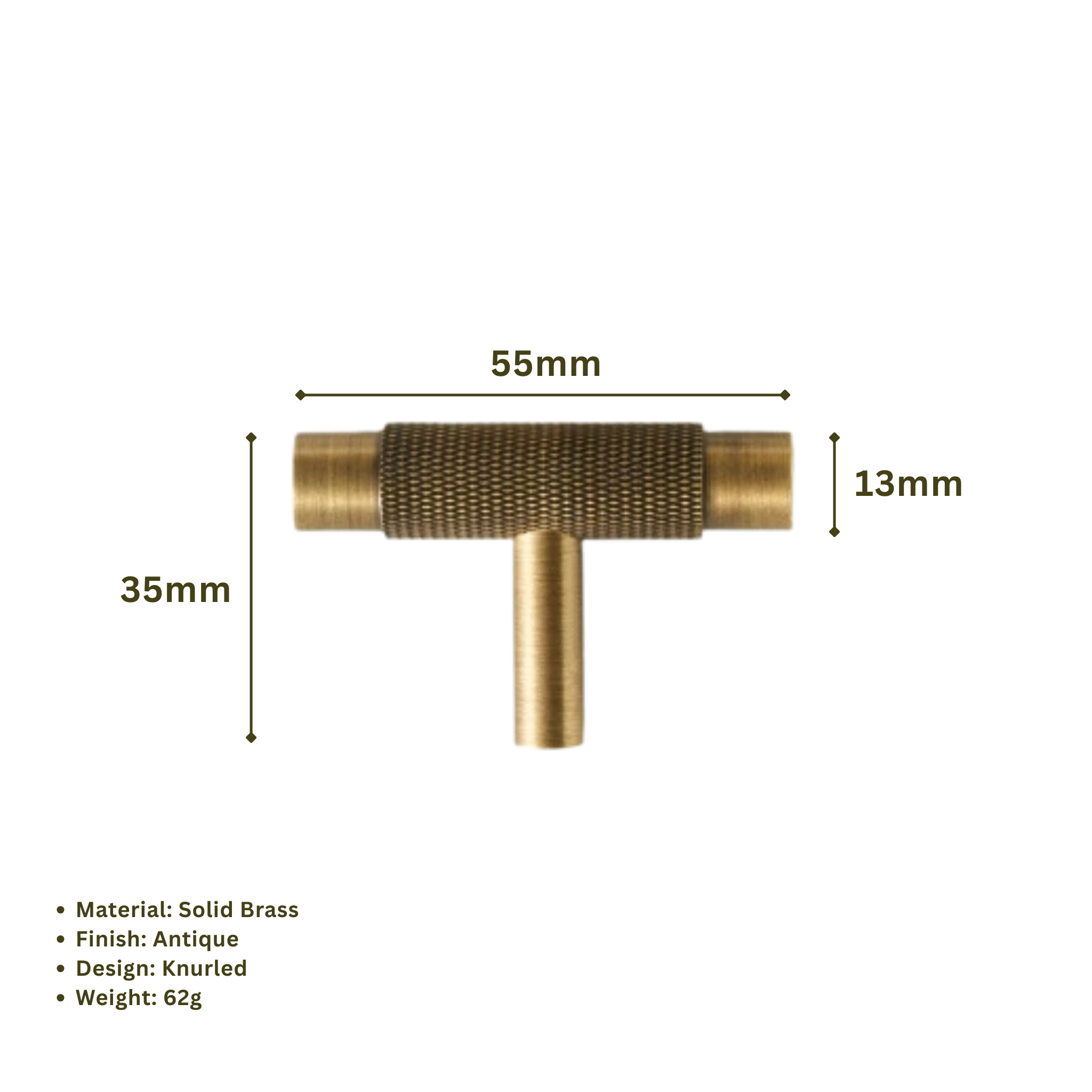 GIFFORD - Solid Brass Knurled T-Bar Handle - Antique Brass
