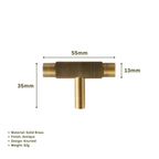 GIFFORD - Solid Brass Knurled T-Bar Handle - Antique Brass